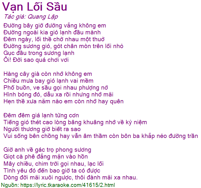 Lời bài hát Vạn Lối Sầu