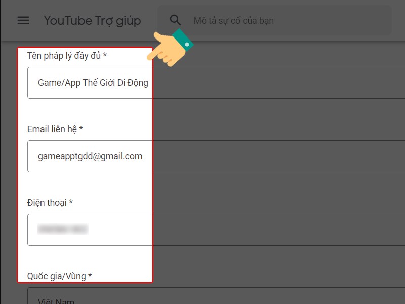 Điền thông tin vào biểu mẫu đăng ký bản quyền YouTube