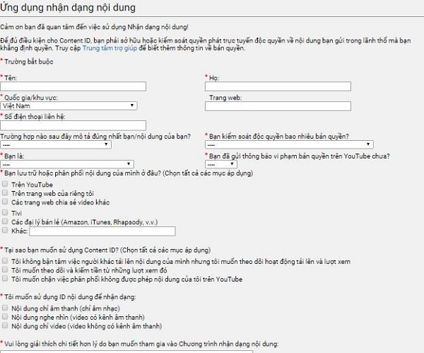 Điền thông tin đăng ký Content ID YouTube