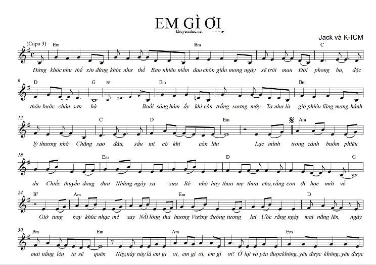 Sheet piano bài hát Em Gì Ơi