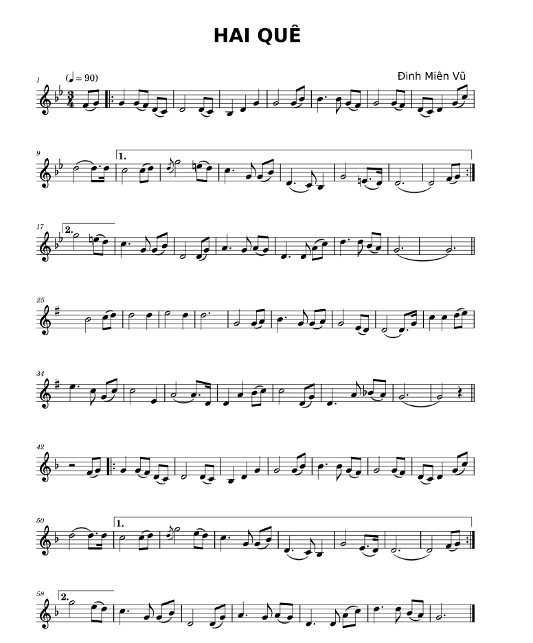 HAI QUÊ (Đàn Bầu) Sheet Music for Piano