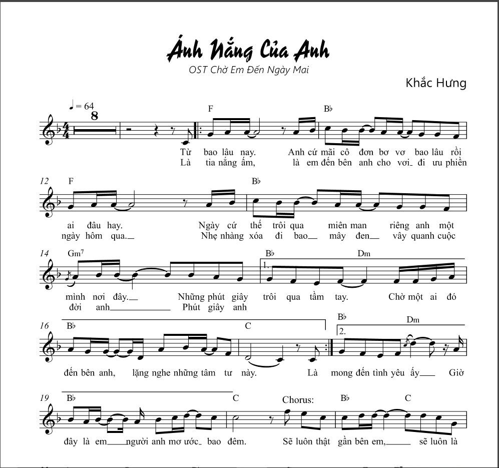 Hợp âm bài hát Ánh Nắng Của Anh
