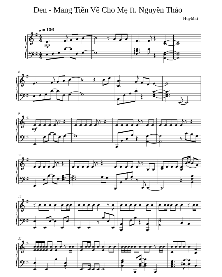 Đen - Mang Tiền Về Cho Mẹ ft. Nguyên Thảo Sheet Music for Piano
