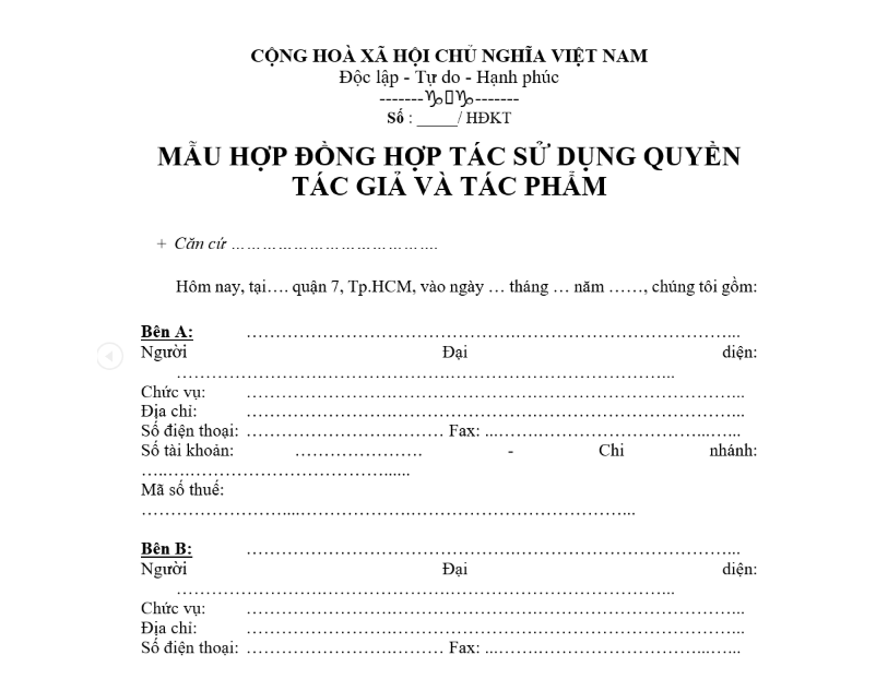 Mẫu Hợp đồng hợp tác sử dụng quyền tác giả và tác phẩm