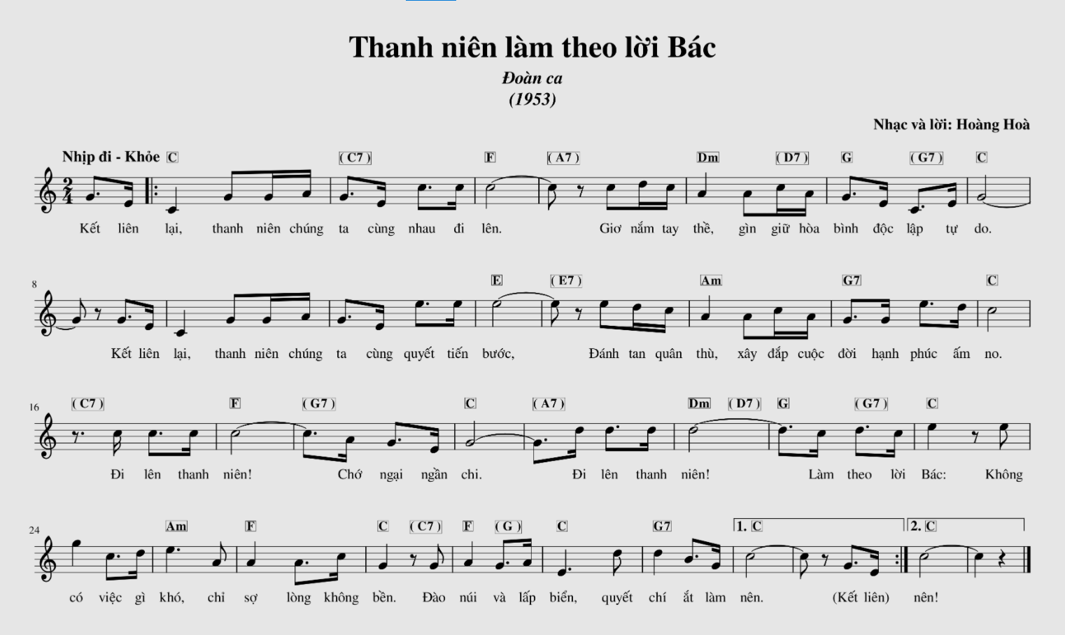 Hợp âm bài hát Đoàn Ca (Thanh Niên Làm Theo Lời Bác)