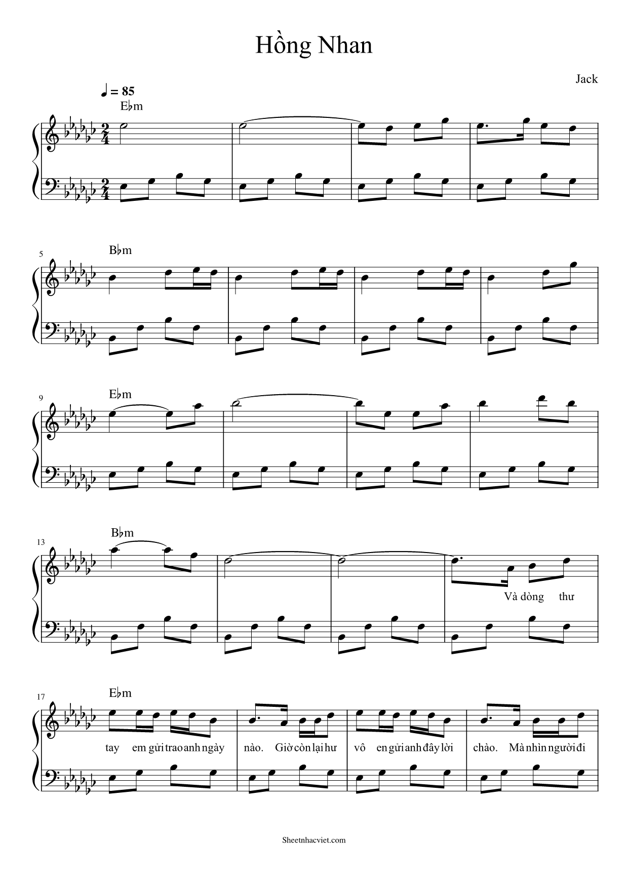 Sheet nhạc bài hát Hồng Nhan