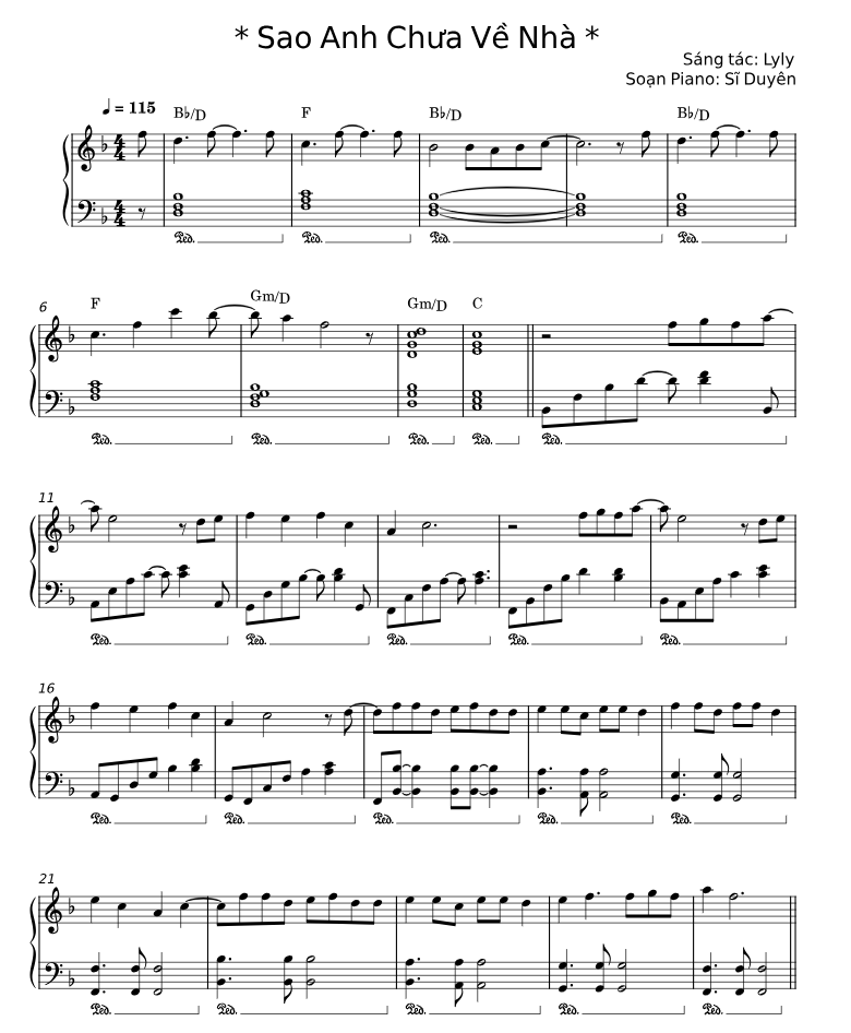 Sao Anh Chưa Về Nhà - Lyly Sheet Music with Chords for Piano